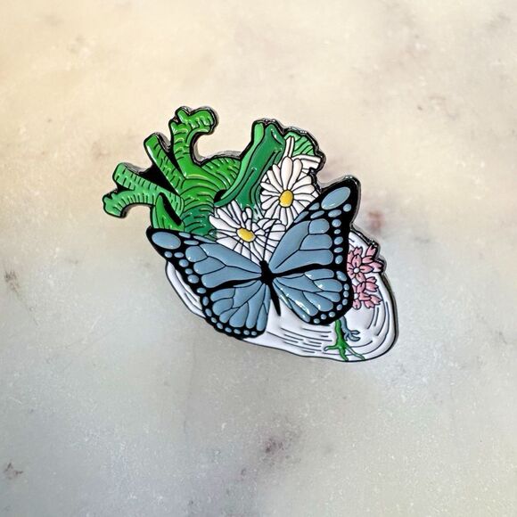 ❤️ Heart-Protected Flowers & Butterfly Pin- Lapel, Brooch, Romantic, Science - Picture 2 of 5